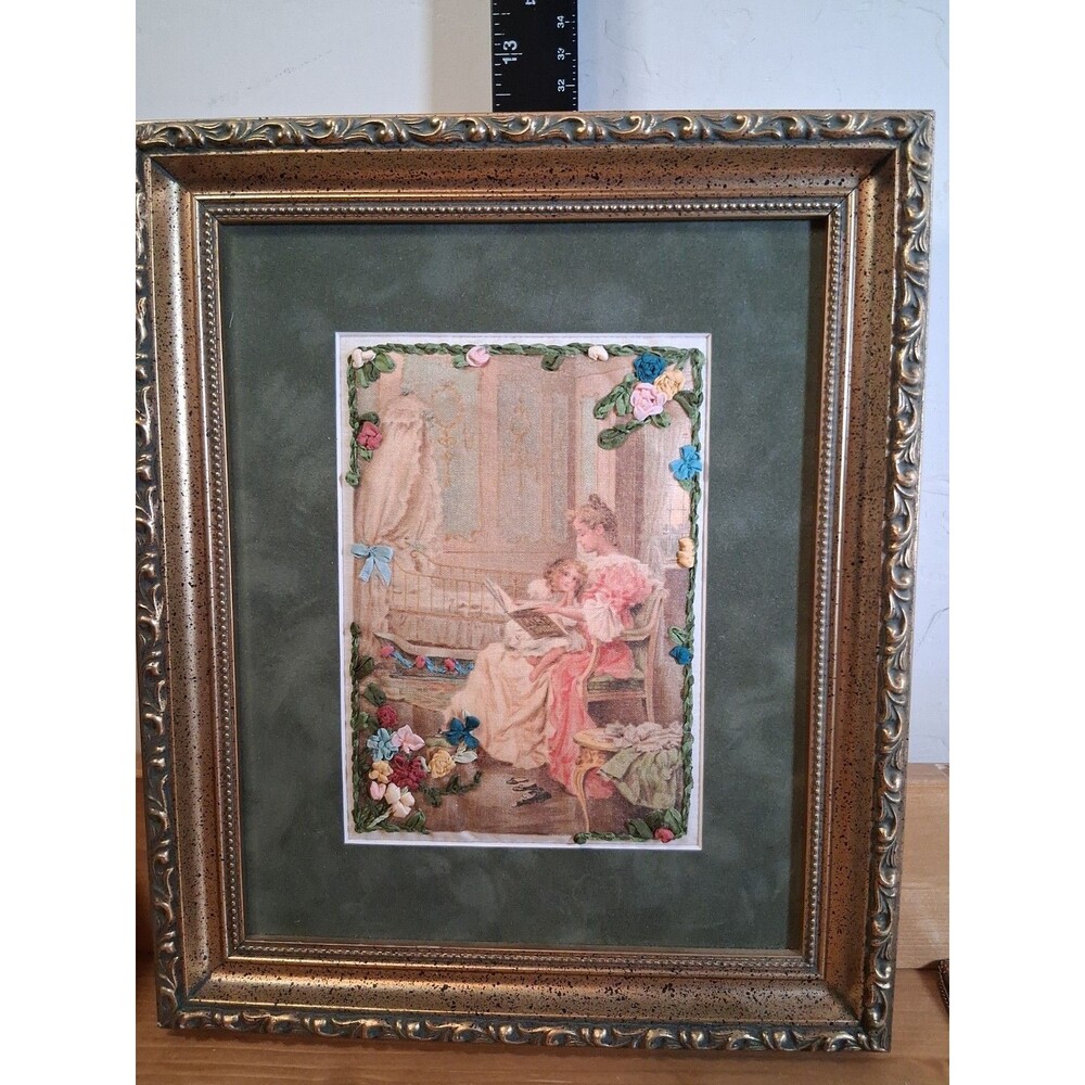 Framed Rococo Art Piece Ribbon Embroidery Velvet Edged 10x12"